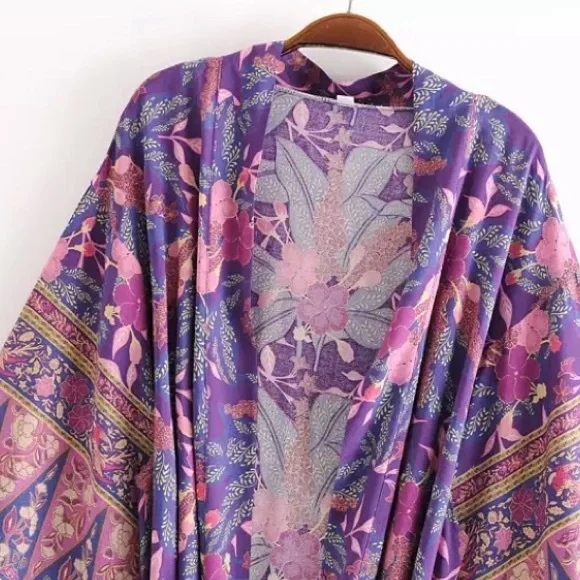 Boho Purple Floral Wisteria Kimono Duster Wrap - Picture 3 of 13